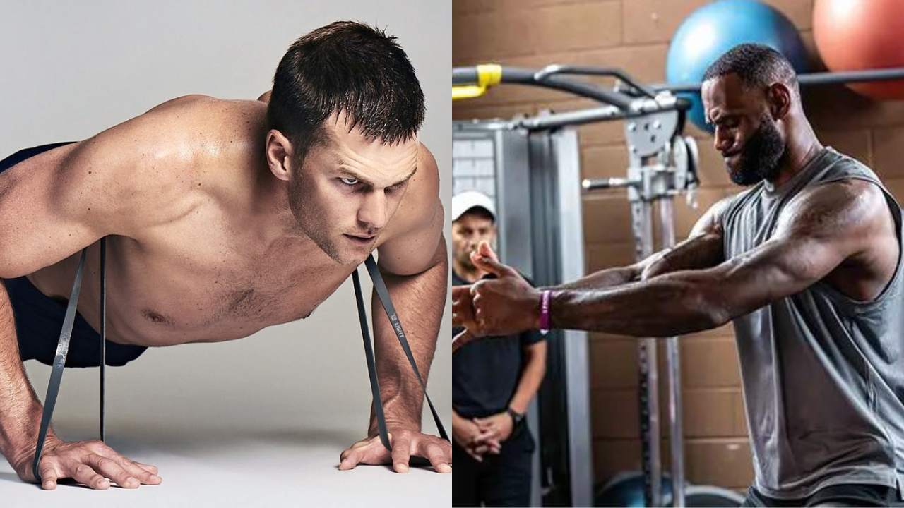 Split image of two men strength training. One man is isolated using a resistance band and the other is in the gym